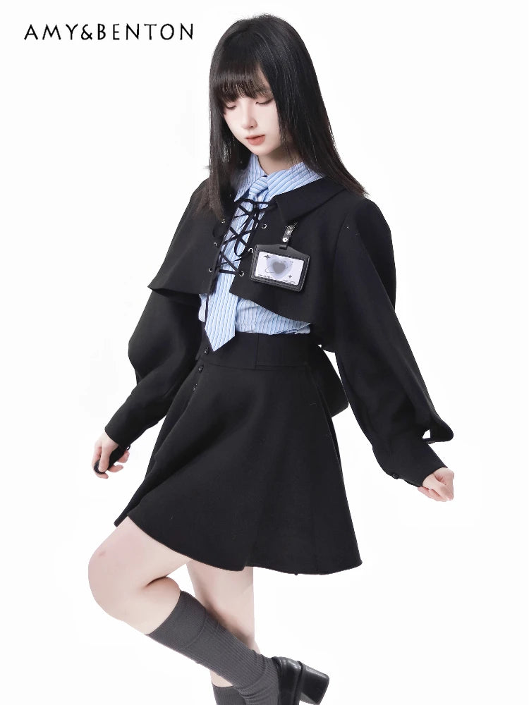 LVSANW Preppy Style Harajuku Batwing Sleeve Coat Striped Shirt Mini Skirt Three-Piece Set Women Spring New Elegant OL Hot Girl Outfits