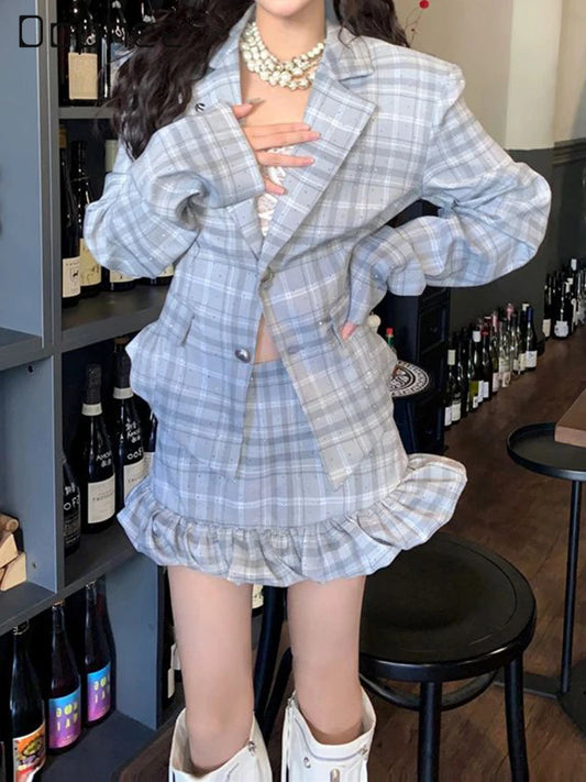 LVSANW Preppy Style Hot Girl Elegant Outfit Spring and Autumn Women's Plaid Suit Coat Jacket High Waist Bud Short Skirts Two-Piece Set