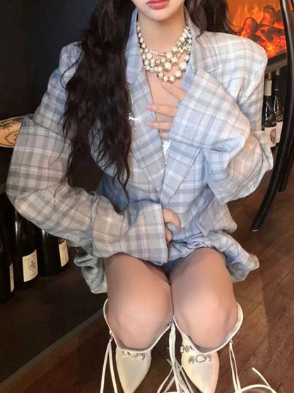 LVSANW Preppy Style Hot Girl Elegant Outfit Spring and Autumn Women's Plaid Suit Coat Jacket High Waist Bud Short Skirts Two-Piece Set