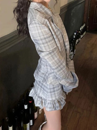 LVSANW Preppy Style Hot Girl Elegant Outfit Spring and Autumn Women's Plaid Suit Coat Jacket High Waist Bud Short Skirts Two-Piece Set