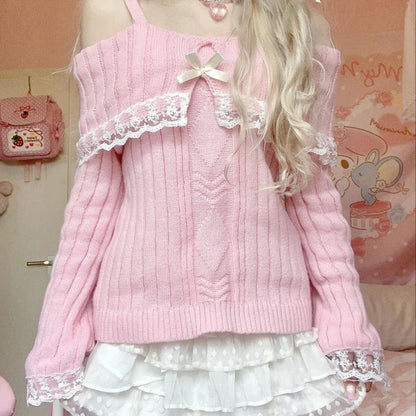 LVSANW Pretty Cute Outfits Harajuku Cosplay Sweater Kawaii Lace Trim Off Shoulder Pullovers Y2K Aesthetic Vintage Long Sleeve Jumpers