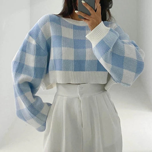 LVSANW Pullovers Women Checkerboard Crop Knit Sweater Long Sleeve Crew Neck Box-fit Plaid Jumper Outfit