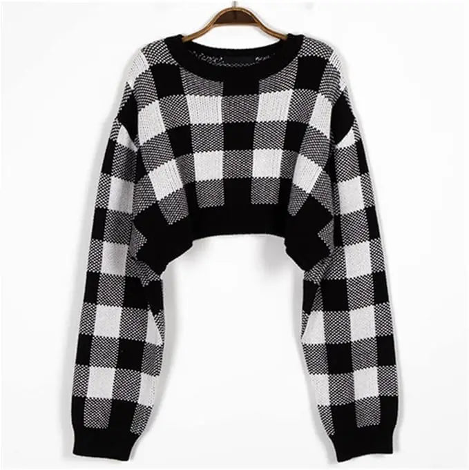 LVSANW Pullovers Women Checkerboard Crop Knit Sweater Long Sleeve Crew Neck Box-fit Plaid Jumper Outfit