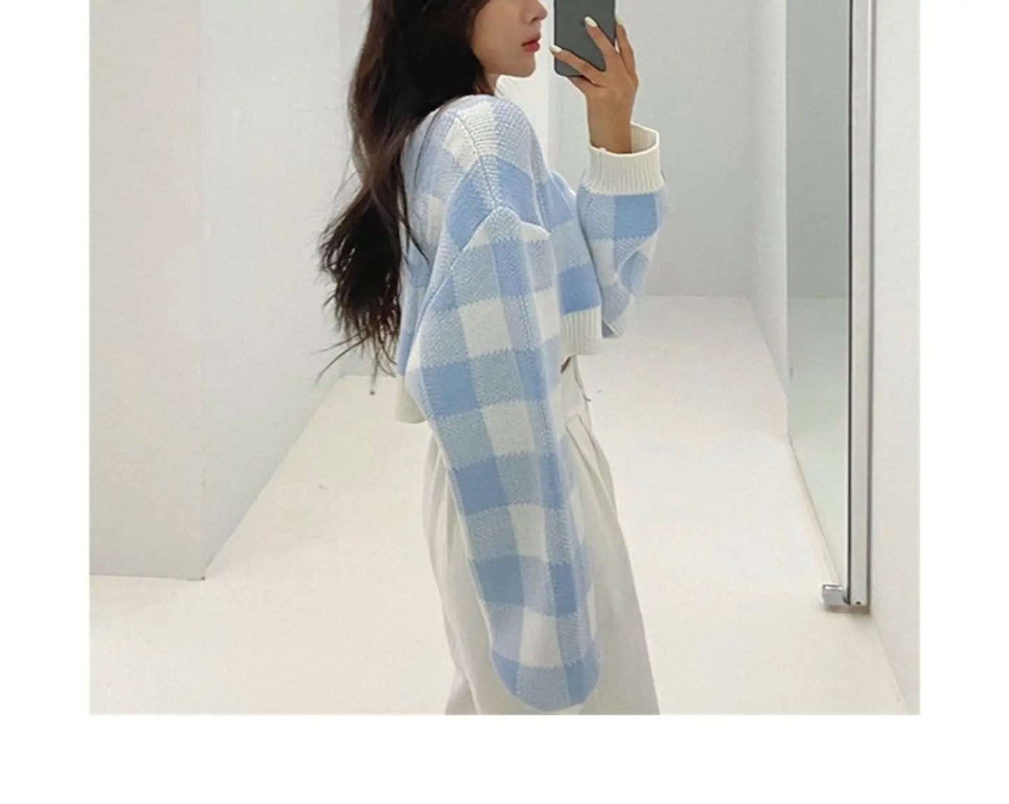 LVSANW Pullovers Women Checkerboard Crop Knit Sweater Long Sleeve Crew Neck Box-fit Plaid Jumper Outfit