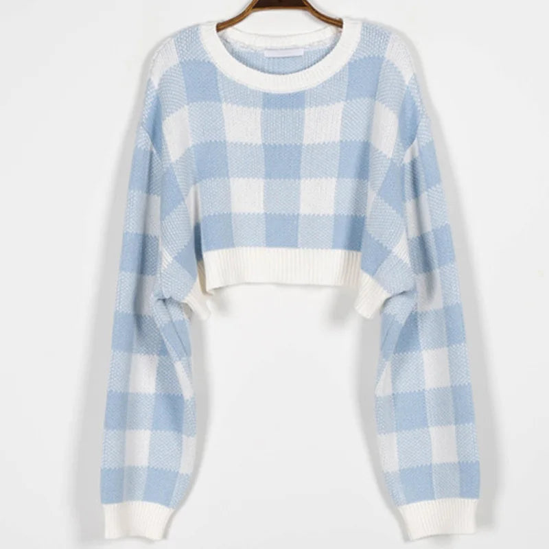 LVSANW Pullovers Women Checkerboard Crop Knit Sweater Long Sleeve Crew Neck Box-fit Plaid Jumper Outfit