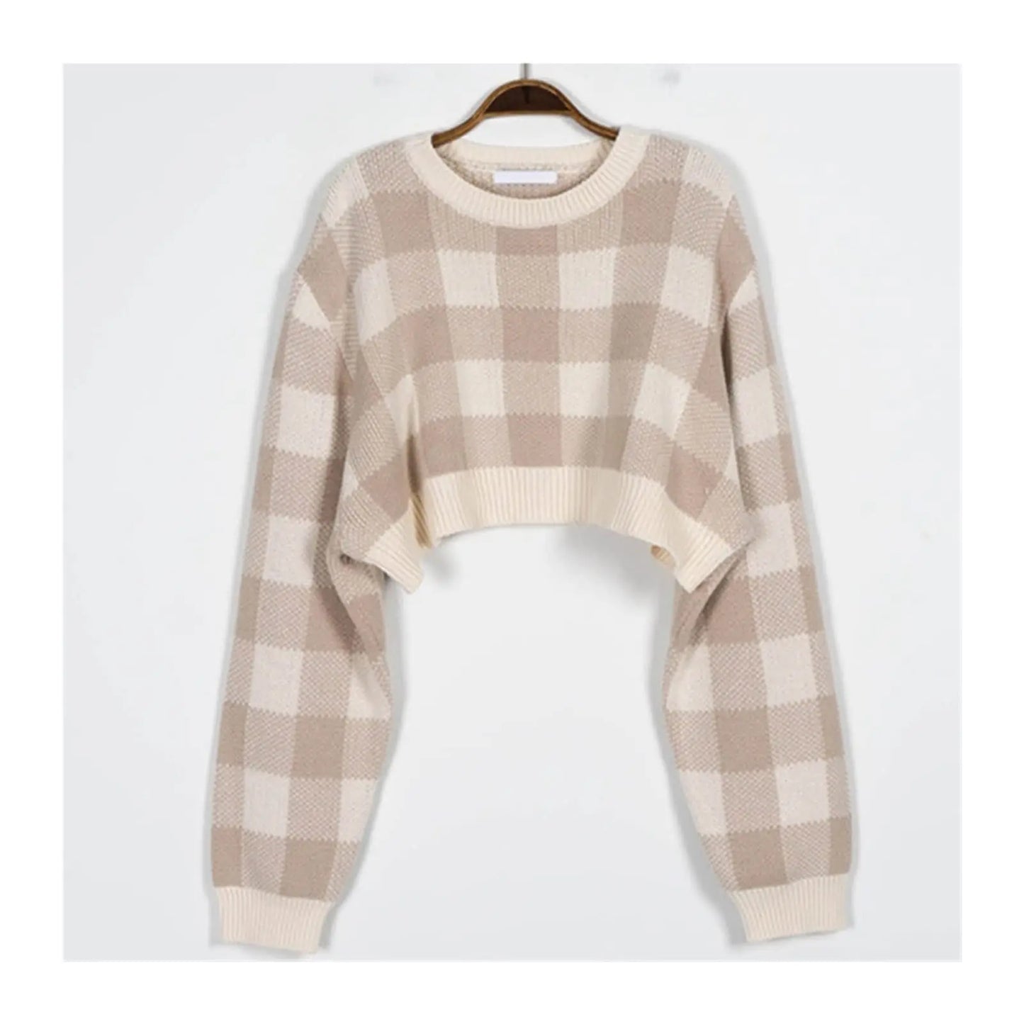 LVSANW Pullovers Women Checkerboard Crop Knit Sweater Long Sleeve Crew Neck Box-fit Plaid Jumper Outfit