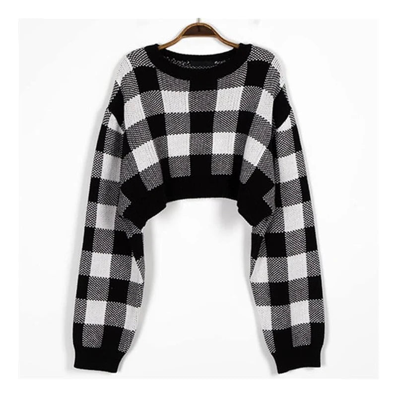 LVSANW Pullovers Women Checkerboard Crop Knit Sweater Long Sleeve Crew Neck Box-fit Plaid Jumper Outfit