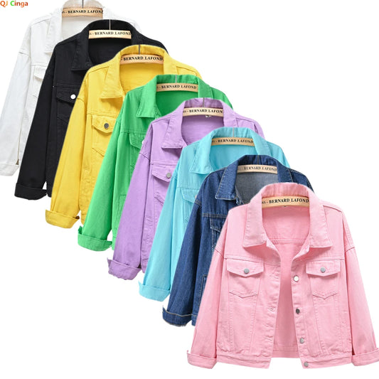 LVSANW Pure Color Women's Denim Jacket Single-breasted Lapel Coat Fashion Casual Tops Green Black Red Blue Outerwear Female Overcoat