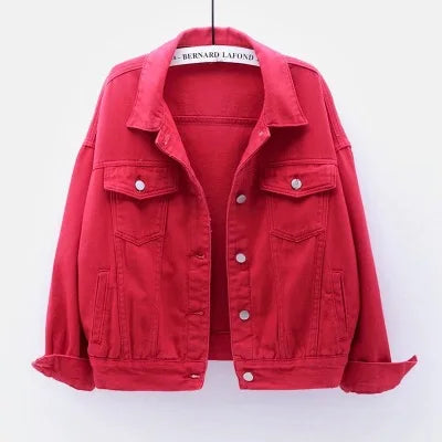 LVSANW Pure Color Women's Denim Jacket Single-breasted Lapel Coat Fashion Casual Tops Green Black Red Blue Outerwear Female Overcoat