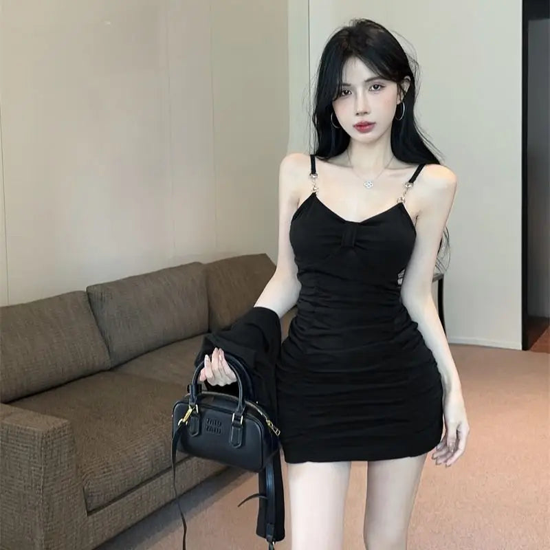 LVSANW Pure Desire Pleated V-neck Sexy Bag Hip Suspender Dress Short Long Sleeved Cardigan Shawl Two-piece Set for Women