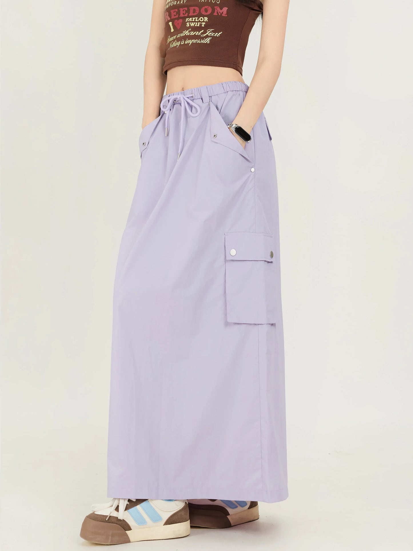 LVSANW Purple Casual Long Cargo Skirts Women Stitching Vintage Baggy Streetwear Outfits Split Fashion Low Waist Loose Skirt 2024 New