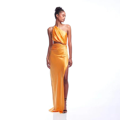 LVSANW Purple Orange Color Women Shinnign Satin One Shoulder Bodycon Long Dress Fashion Celebrate Cocktail Party Dress Wholesale