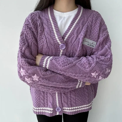 LVSANW Purple Star Embroidered Sweater Women Winter Thick Warm Y2K Cardigan Autumn V-neck Single Breasted Soft Loose Knitwear Female