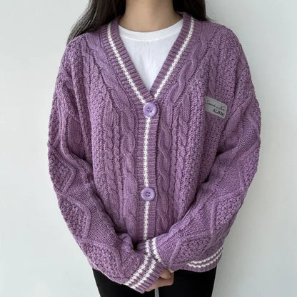 LVSANW Purple Star Embroidered Sweater Women Winter Thick Warm Y2K Cardigan Autumn V-neck Single Breasted Soft Loose Knitwear Female