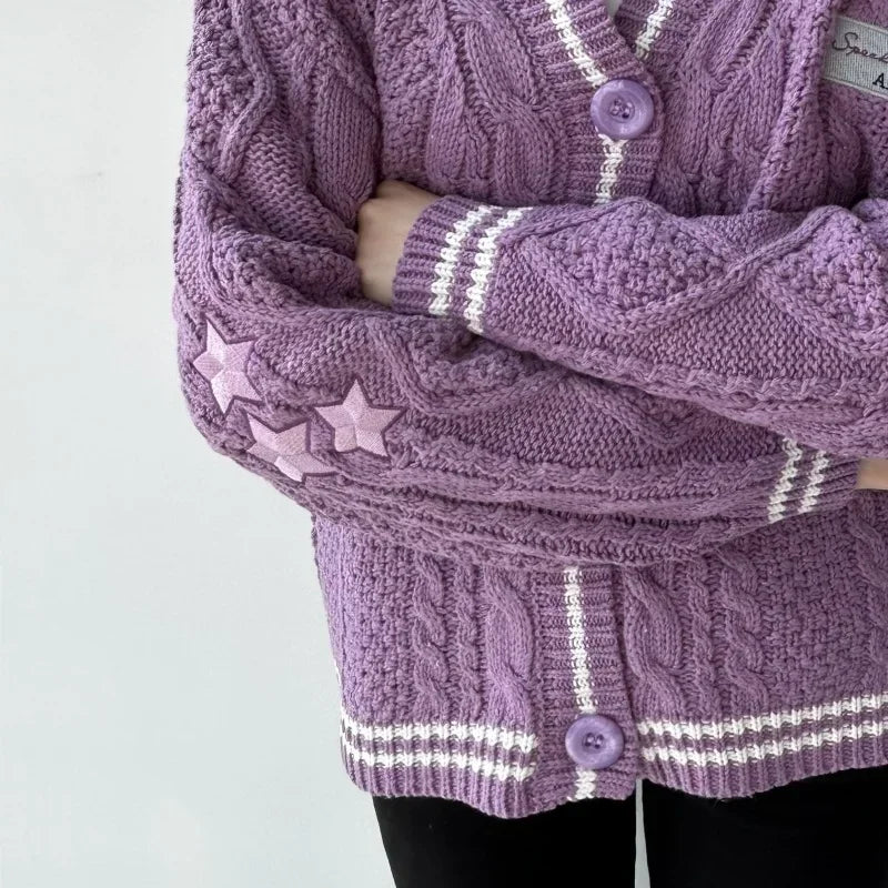 LVSANW Purple Star Embroidered Sweater Women Winter Thick Warm Y2K Cardigan Autumn V-neck Single Breasted Soft Loose Knitwear Female