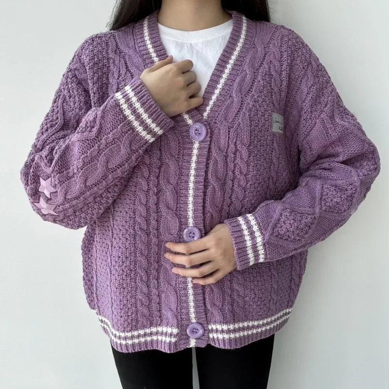 LVSANW Purple Star Embroidered Sweater Women Winter Thick Warm Y2K Cardigan Autumn V-neck Single Breasted Soft Loose Knitwear Female