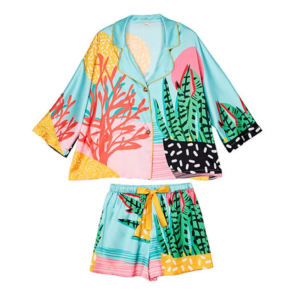 LVSANW QSROCIO Women Pajama Set Hand Drawn Art Tropical Plants Pyjama Silk Like Nightwear Shorts Home Wear Clothes Sleepwear Homewear