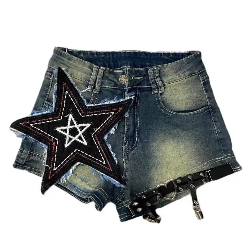 LVSANW QWEEK American Retro Y2k Coquette Sexy Design Shorts Jeans Women Star Embroidery Hotsweet Streetwear 2024 Spring Summer Fashion