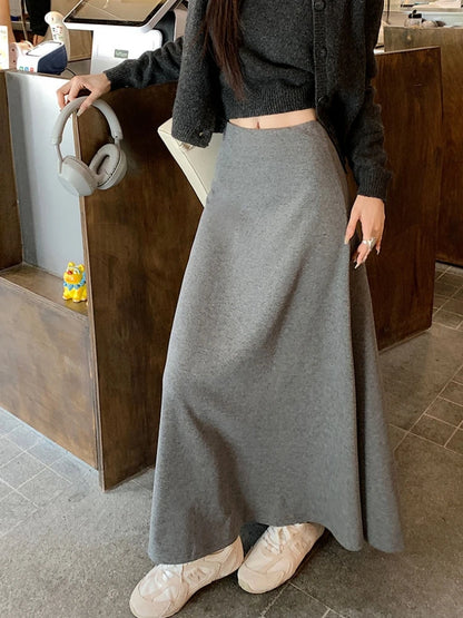 LVSANW Qiukichonson Long Skirts Womens knitted Skirt 2025 Autumn Winter Korean Casual High Waist Grey Black A-Line Skirt rok 90cm