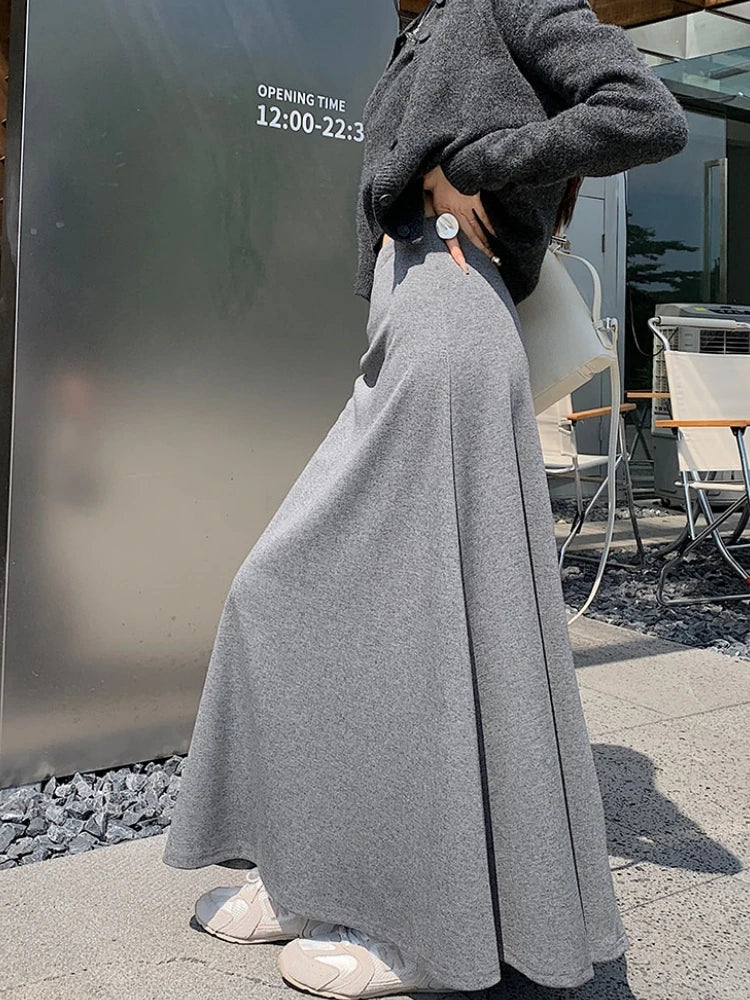 LVSANW Qiukichonson Long Skirts Womens knitted Skirt 2025 Autumn Winter Korean Casual High Waist Grey Black A-Line Skirt rok 90cm