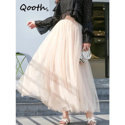 LVSANW Qooth 3 Layers Mesh Long Tulle Skirt Elastic Waist Elegant High Waist Ball Gown Gauze Tutu Skirt For Spring Autumn QT2001