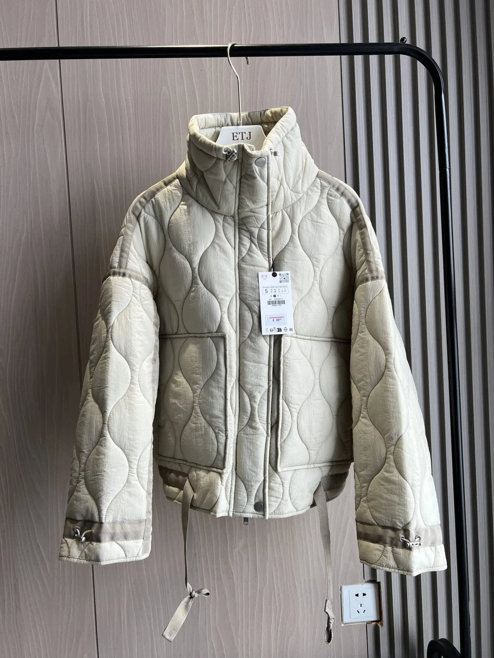 LVSANW Quilted coat for women ETJ 2025traf QUILTED JACKET WITH TIES new beige drawstring high neck pocket clip cotton jacket for women