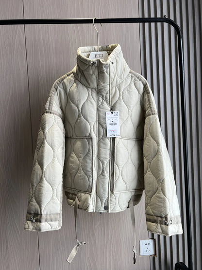 LVSANW Quilted coat for women ETJ 2025traf QUILTED JACKET WITH TIES new beige drawstring high neck pocket clip cotton jacket for women