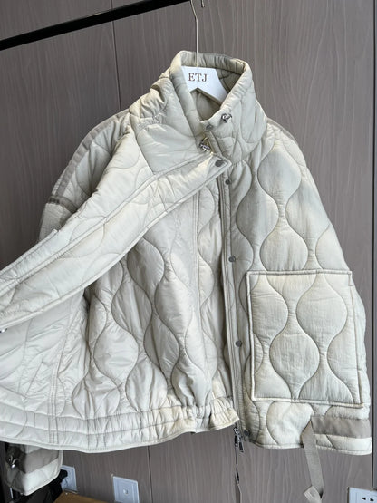 LVSANW Quilted coat for women ETJ 2025traf QUILTED JACKET WITH TIES new beige drawstring high neck pocket clip cotton jacket for women