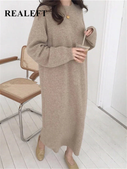 LVSANW REALEFT Autumn Winter 2024 New O-Neck Casual Loose Knitted Dress Female Straight Long Sleeve Oversize Sweater Womens Long Dress