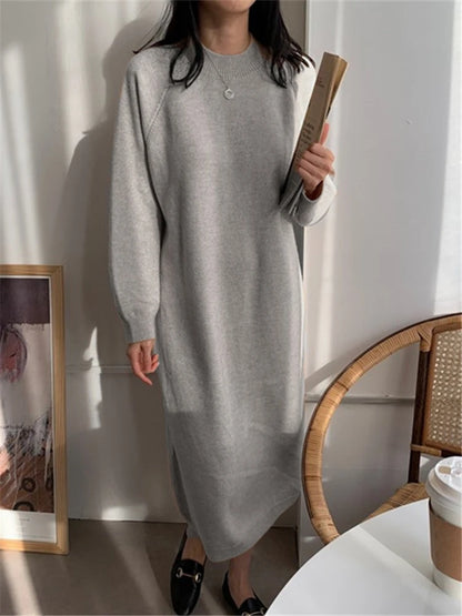 LVSANW REALEFT Autumn Winter 2024 New O-Neck Casual Loose Knitted Dress Female Straight Long Sleeve Oversize Sweater Womens Long Dress