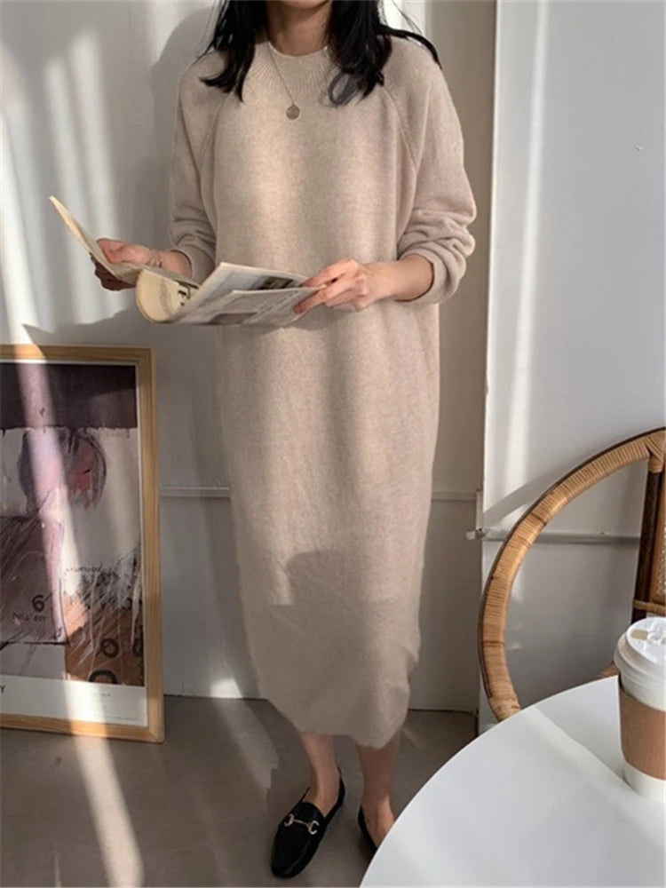 LVSANW REALEFT Autumn Winter 2024 New O-Neck Casual Loose Knitted Dress Female Straight Long Sleeve Oversize Sweater Womens Long Dress