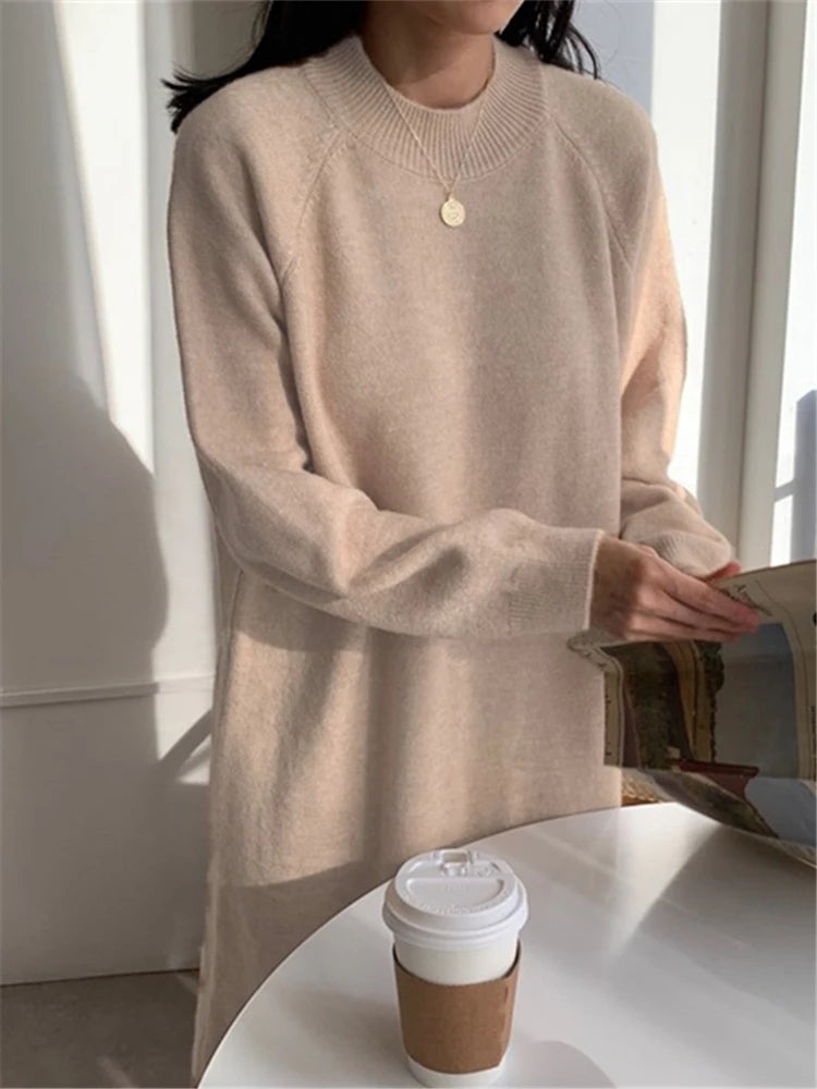 LVSANW REALEFT Autumn Winter 2024 New O-Neck Casual Loose Knitted Dress Female Straight Long Sleeve Oversize Sweater Womens Long Dress