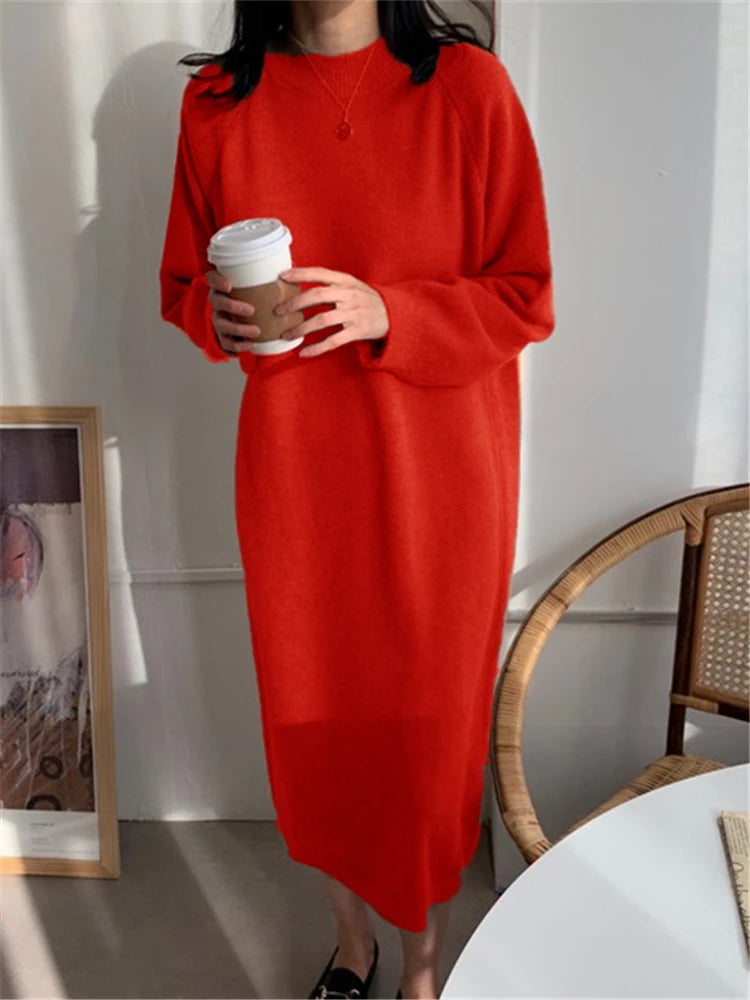 LVSANW REALEFT Autumn Winter 2024 New O-Neck Casual Loose Knitted Dress Female Straight Long Sleeve Oversize Sweater Womens Long Dress