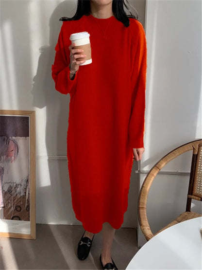 LVSANW REALEFT Autumn Winter 2024 New O-Neck Casual Loose Knitted Dress Female Straight Long Sleeve Oversize Sweater Womens Long Dress