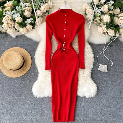 LVSANW REALEFT Autumn Winter Stand Collar Women's Knitted Dresses Sashes 2024 New Long Sleeve Solid Casual Sheath Wrap Dresses Female