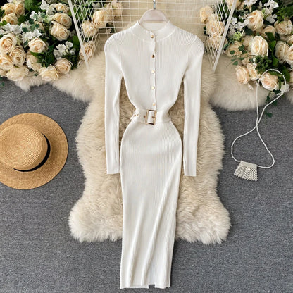 LVSANW REALEFT Autumn Winter Stand Collar Women's Knitted Dresses Sashes 2024 New Long Sleeve Solid Casual Sheath Wrap Dresses Female