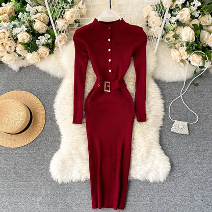 LVSANW REALEFT Autumn Winter Stand Collar Women's Knitted Dresses Sashes 2024 New Long Sleeve Solid Casual Sheath Wrap Dresses Female