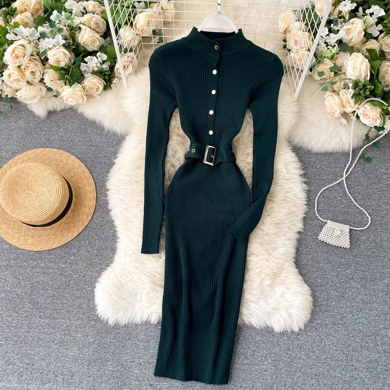 LVSANW REALEFT Autumn Winter Stand Collar Women's Knitted Dresses Sashes 2024 New Long Sleeve Solid Casual Sheath Wrap Dresses Female