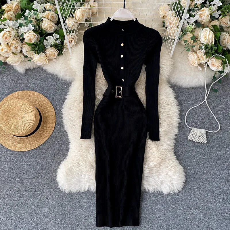 LVSANW REALEFT Autumn Winter Stand Collar Women's Knitted Dresses Sashes 2024 New Long Sleeve Solid Casual Sheath Wrap Dresses Female