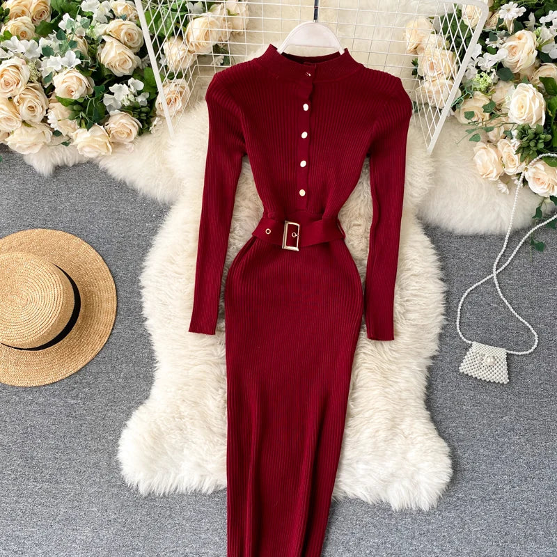 LVSANW REALEFT Autumn Winter Stand Collar Women's Knitted Dresses Sashes 2024 New Long Sleeve Solid Casual Sheath Wrap Dresses Female