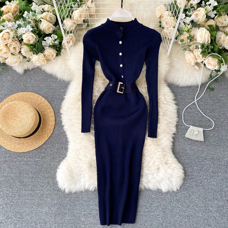 LVSANW REALEFT Autumn Winter Stand Collar Women's Knitted Dresses Sashes 2024 New Long Sleeve Solid Casual Sheath Wrap Dresses Female