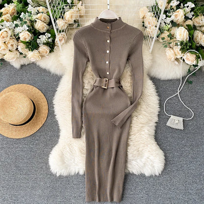 LVSANW REALEFT Autumn Winter Stand Collar Women's Knitted Dresses Sashes 2024 New Long Sleeve Solid Casual Sheath Wrap Dresses Female