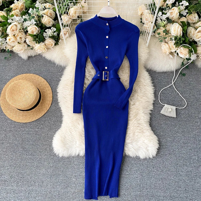 LVSANW REALEFT Autumn Winter Stand Collar Women's Knitted Dresses Sashes 2024 New Long Sleeve Solid Casual Sheath Wrap Dresses Female