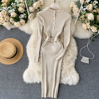 LVSANW REALEFT Autumn Winter Stand Collar Women's Knitted Dresses Sashes 2024 New Long Sleeve Solid Casual Sheath Wrap Dresses Female