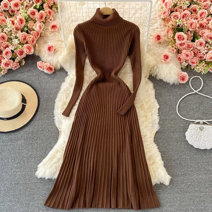 LVSANW REALEFT Autumn Winter Turtleneck Women's Knitted Dresses 2025 New Long Sleeve Solid Casual  A-Line Pleated Dresses Female