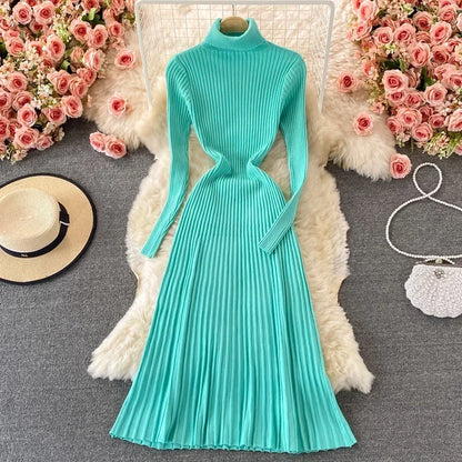 LVSANW REALEFT Autumn Winter Turtleneck Women's Knitted Dresses 2025 New Long Sleeve Solid Casual  A-Line Pleated Dresses Female