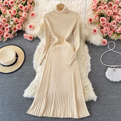 LVSANW REALEFT Autumn Winter Turtleneck Women's Knitted Dresses 2025 New Long Sleeve Solid Casual  A-Line Pleated Dresses Female