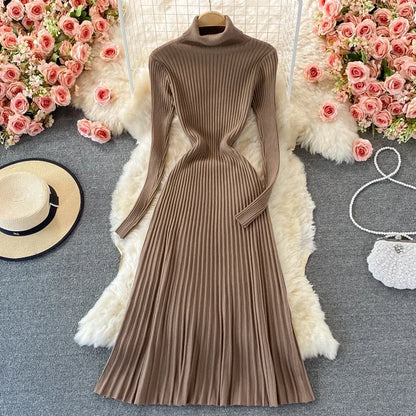 LVSANW REALEFT Autumn Winter Turtleneck Women's Knitted Dresses 2025 New Long Sleeve Solid Casual  A-Line Pleated Dresses Female