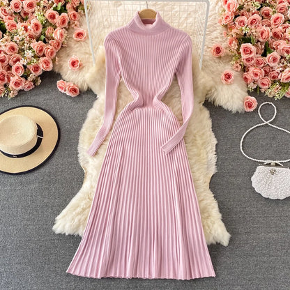 LVSANW REALEFT Autumn Winter Turtleneck Women's Knitted Dresses 2025 New Long Sleeve Solid Casual  A-Line Pleated Dresses Female