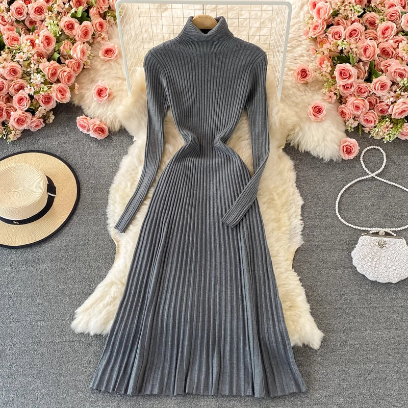 LVSANW REALEFT Autumn Winter Turtleneck Women's Knitted Dresses 2025 New Long Sleeve Solid Casual  A-Line Pleated Dresses Female